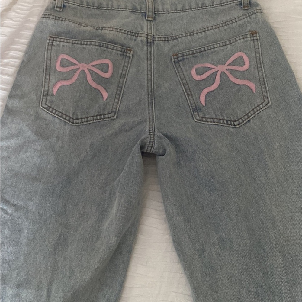 Edikted Straight Leg Jeans in Pink and Blue with Bow Embroidery